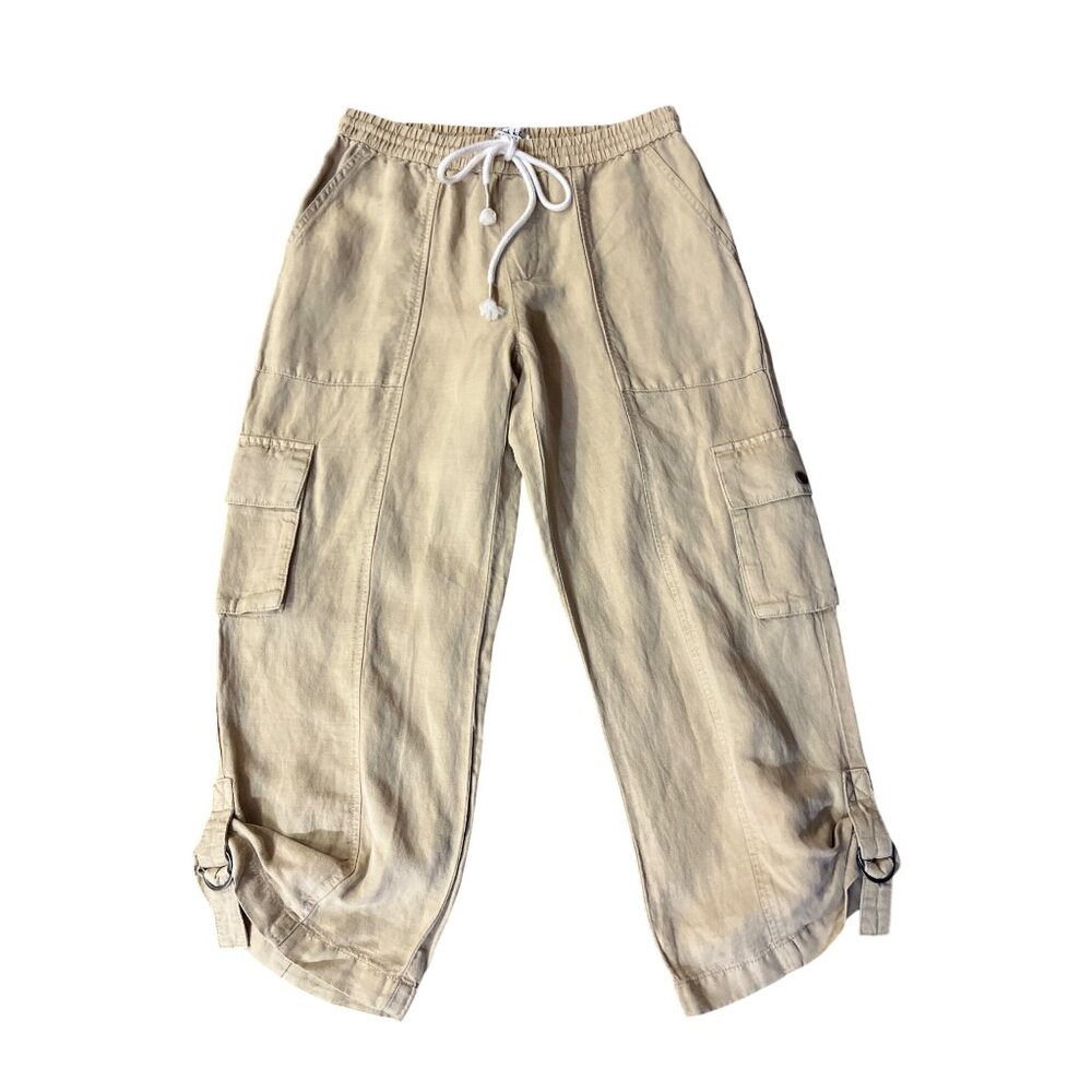 Nicole Miller Linen Blend Cropped Pants Womens L Tan Drawstring Used - Picture 3 of 16